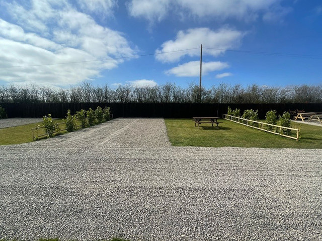 Wide view of Stag Park's gravel touring pitches, lawns and picnic benches under a blue sky